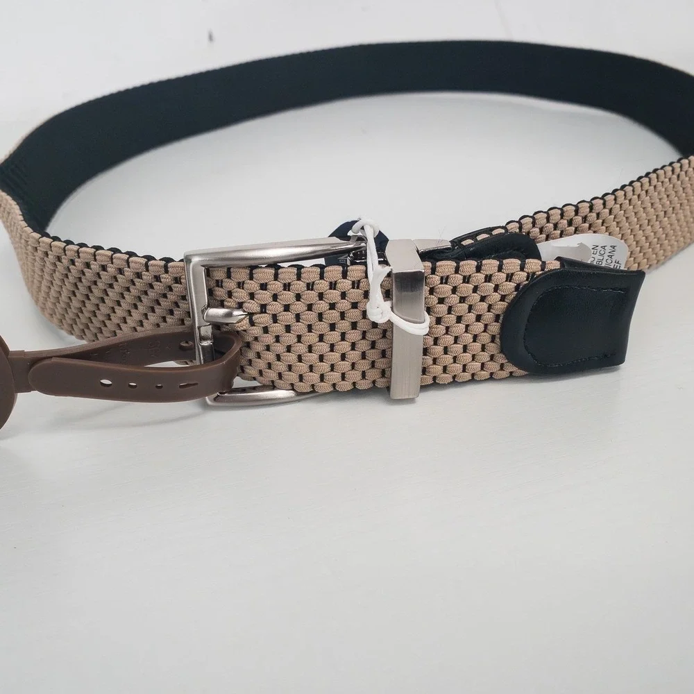 Tommy Bahama Belt Mens L 38-40 Black Khaki Reversible Stretch Woven Leather Trim